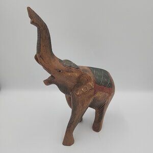 Hand Carved Wooden Wood Elephant Sculpture Figurine 10" Trunk Up